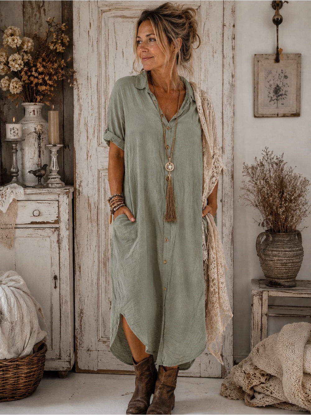 Dokotoo Light Sage Button-Front Maxi Dress